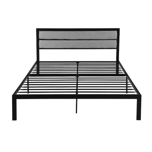 Noble House Monarda Contemporary Modern Queen-Size Flat Black Iron Bed Frame with Gray Fabric Accents