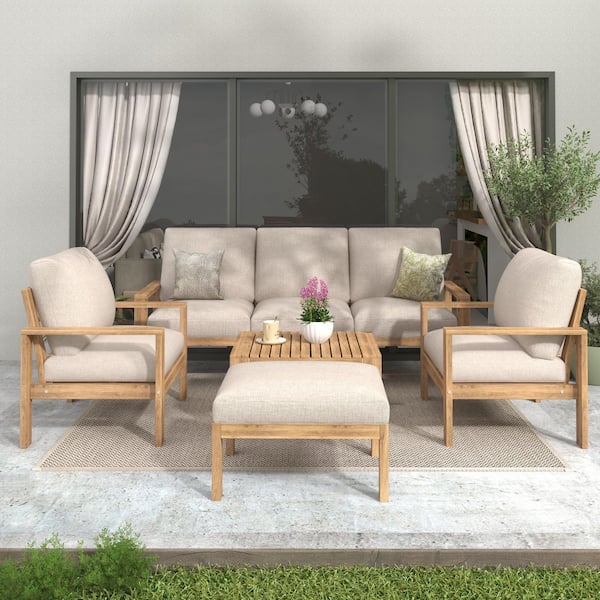CHRISTOPHER KNIGHT HOME Harmony 5-Piece Solid Wood Patio Conversation Set with Light Gray Cushions, Teak