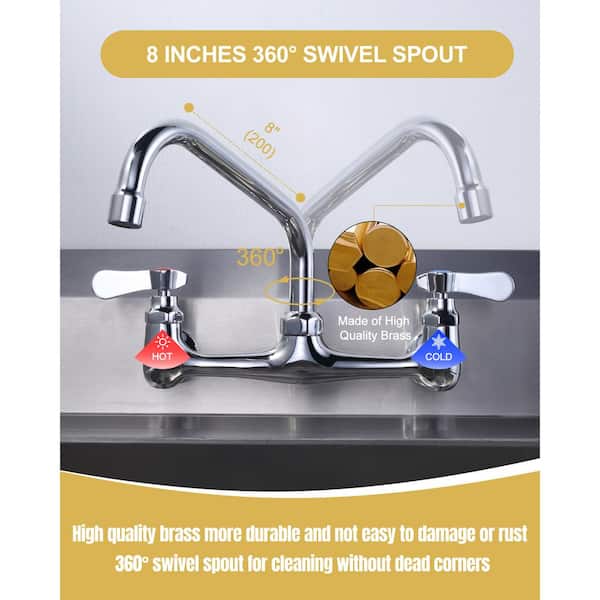Commercial Faucet with 8 in. Swivel Spout, Double Handle Wall Mounted Standard Kitchen Faucet in Polished Chrome