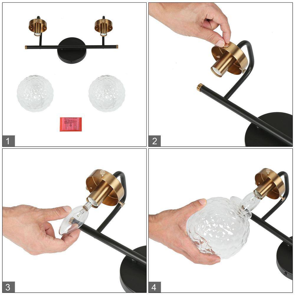 Astrid 15" Black and Gold Ripple Glass 2-Light Vanity Fixture