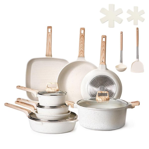 19 Piece Pots and Pans Set Nonstick, Granite Cookware Set, Induction Cookwares, Kitchen RV Cooking Sets, White Aluminum