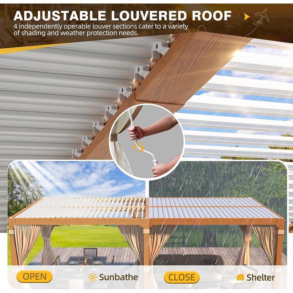 Beige Aluminum Pergola with Adjustable Roof and Curtains