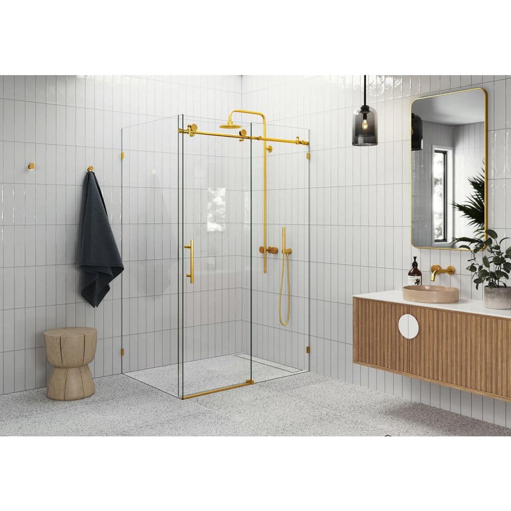 Satin Brass Frameless Sliding Glass Shower Enclosure, 78" x 52"