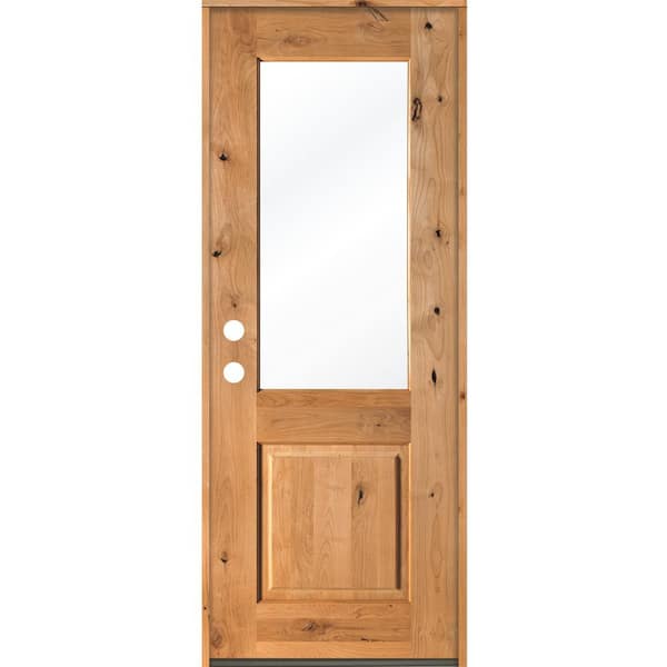 Krosswood Doors 32 in. x 96 in. Rustic Knotty Alder Wood Clear Glass Half-Lite Clear Stain Right Hand Inswing Single Prehung Front Door