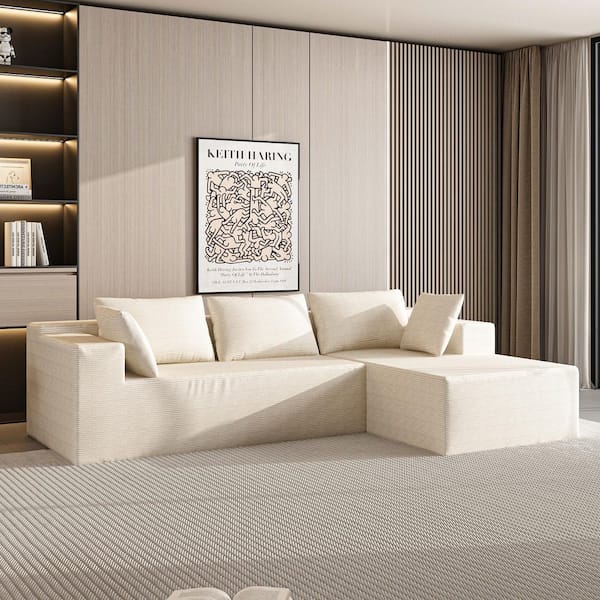 Rowen 105.9 in. Wide Square Arm Corduroy L-Shaped Sofa with Soft Cushions in Cream, Ideal for Living Room or Lounge Area