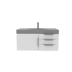 Thames 36 in. W x 19 in. D x 16.25 H Single Floating Bath Vanity in Matte White with Brushed Nickel Trim with Gray Top