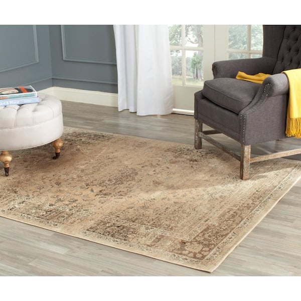 Vintage Warm Beige 8 ft. x 11 ft. Distressed Floral Border Area Rug