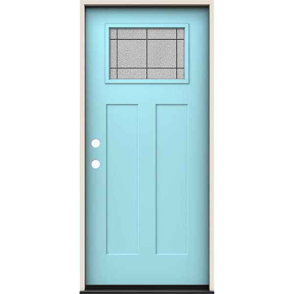 JELD-WEN 36 in. x 80 in. Right-Hand 1/4 Lite Craftsman Dilworth Decorative Glass Caribbean Blue Fiberglass Prehung Front Door