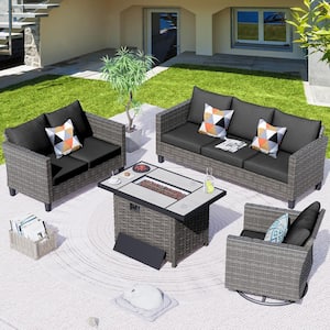 Shasta Gray 4-Piece Wicker Patio Rectangular Fire Pit Set with Black Cushions and Swivel Rocking Chair