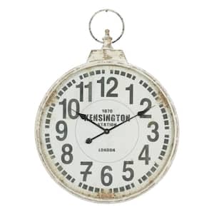 24 in. x 32 in. White Metal Distressed Pocket Watch Inspired Wall Clock with Black Accents