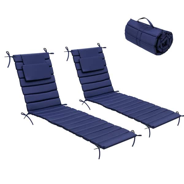 Unbranded 71 in. x 22.4 in. 2-Piece Outdoor Chaise Lounge Cushion with Headrest and Ties in Navy Blue