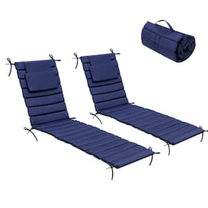 71 in. x 22.4 in. 2-Piece Outdoor Chaise Lounge Cushion with Headrest and Ties in Navy Blue