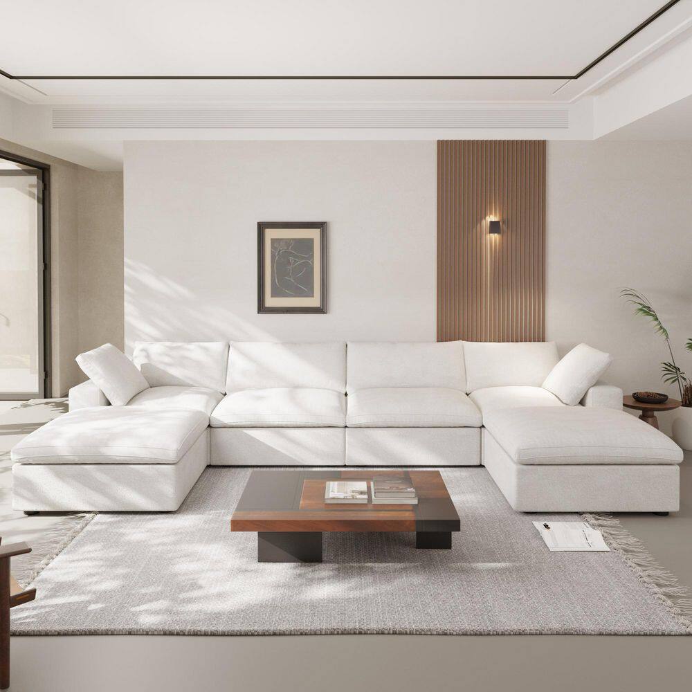 6-Piece White Linen U Shaped Sectional Sofa Living Room Set with Removable Covers and Ottoman price history on PriceWatchPro