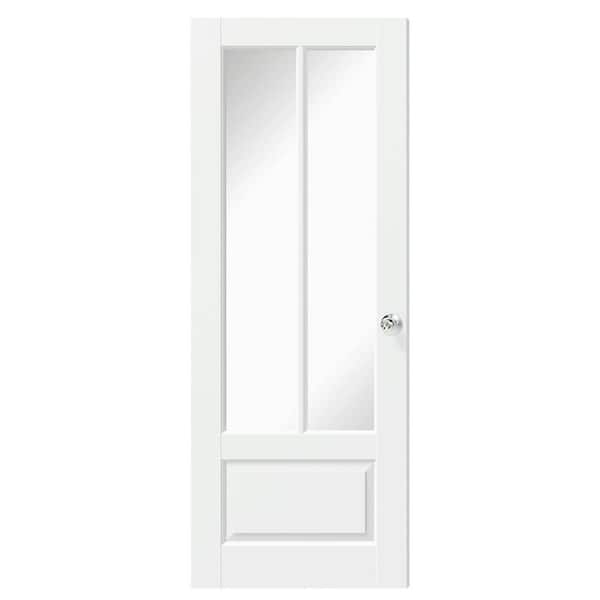 TENONER 30 in. x 80 in. Composite, MDF 2 Lite, Mirrored Glass, Primed, White Interior Door Slab with Silver Sphere Doorknob