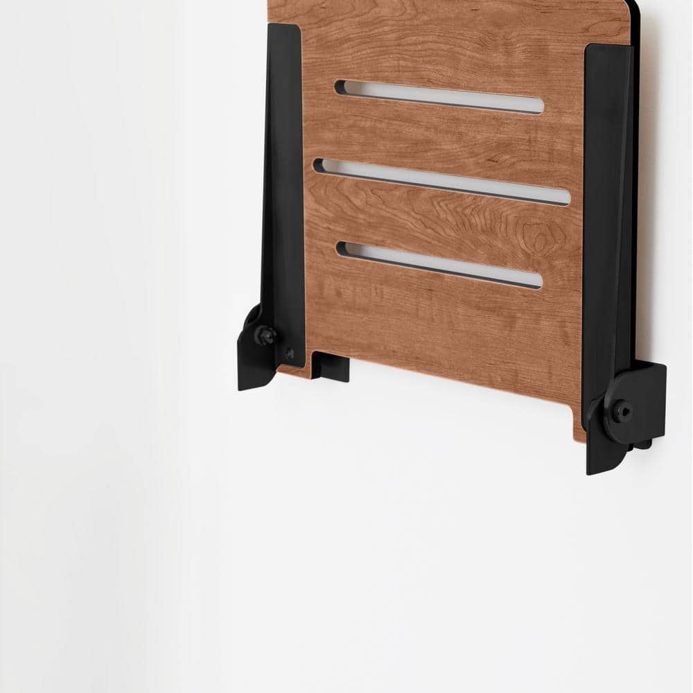 Rustic Teak Folding Wall Mount Shower Bench Seat with Matte Black Frame