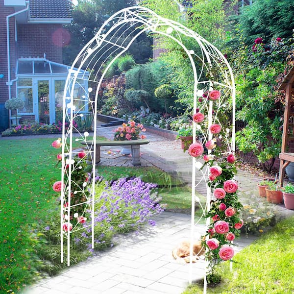 ToolCat 59 in. W x 98.4 in. H Metal Garden Arch Outdoor Trellis with 8 Styles for Climbing Plants Support Rose, Cream White
