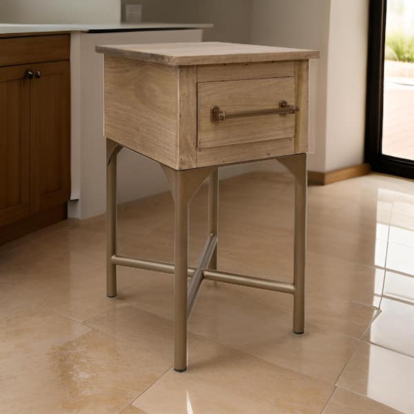 Benjara 14 in. Brown and Bronze Square Wood End Table with 1 Drawer