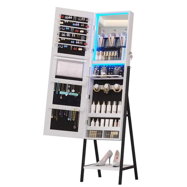 47 in. White Rectangle Wood Standing Jewelry Armoire Mirror Cabinet w/ Lights, Full Length Mirror, Drawers, Bottom Shelf