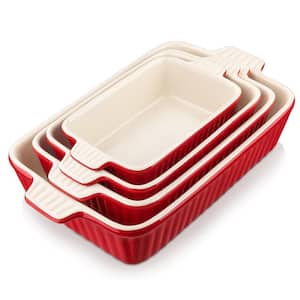 4-Piece Set Rectangular Ceramic Bakeware for Oven, Porcelain Baking Dishes, Red
