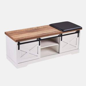 17.72 in. H x 15.35 in. W. Brown, White Wood Shoe Storage Bench