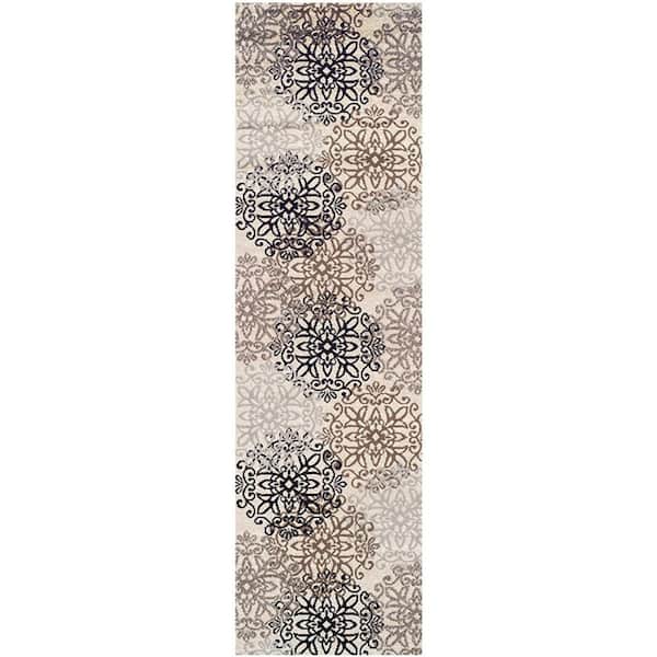 HomeRoots 8 ft. Tan Gray and Black Floral Medallion Stain Resistant Runner Rug