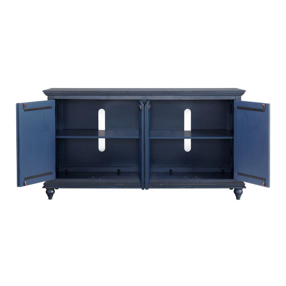 Rustic Blue 65" Solid Pine Wood TV Stand with Cabinet