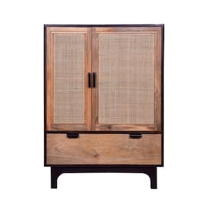 42 in. Brown and Black Mango Wood Armoire Storage Cabinet with 2-Cane Rattan Woven Doors and 1-Drawer