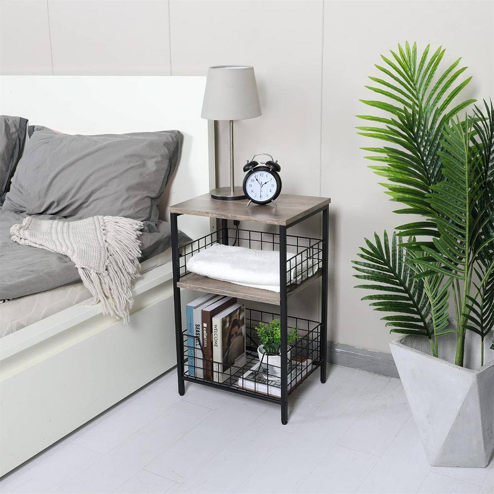 Greige and Black Industrial Wood and Metal End Table