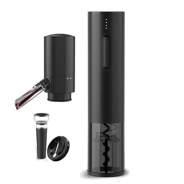 Black All-in-One Rechargeable Electric Wine Opener Set with Wine Aerator, Vacuum Stopper and Foil Cutter