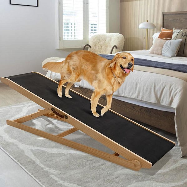 BOZTIY Folding Wooden Dog Ramp 63 in. L x 18 in. W for High Bed 5 Level Adjustable Pet Ramp with Non Slip Rubber Mat Dog Stairs I1331649 YM 160HD11 The Home Depot