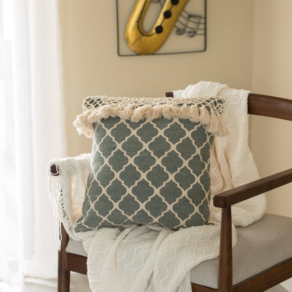 Handwoven Green Cotton Throw Pillow with Tasseled Trim