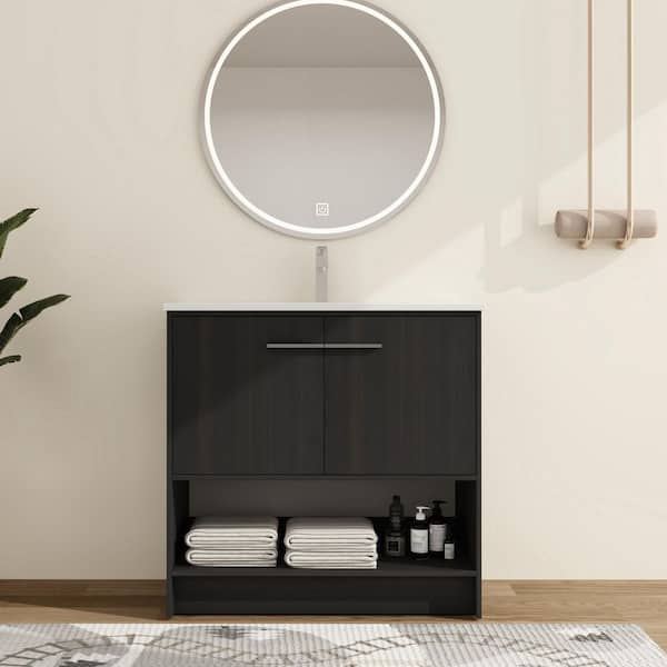 35.88 in. W x 18.31 in. D x 35.38 in. H Freestanding Bath Vanity in Black with White Ceramic Vanity Top