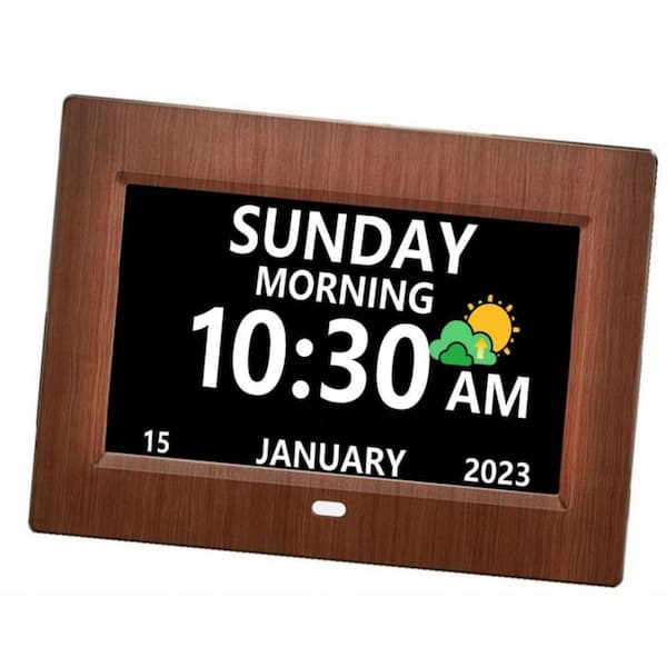 Angel Sar 7 in. Woodgrain Large Display Digital Alarm Clock with Day, Date, 5-Alarms and 3-Medicine Reminders for Elderly