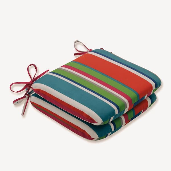 Pillow Perfect Striped 18.5 x 15.5 Outdoor Dining Chair Cushion in Blue/Green/Orange (Set of 2)