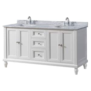 Classic 60 in. W x 23 in. D x 32 in. H Bath Vanity in White with White Carrara Marble Top with White Basins