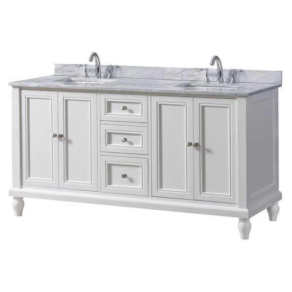 Classic 60 in. W x 23 in. D x 32 in. H Bath Vanity in White with White Carrara Marble Top with White Basins