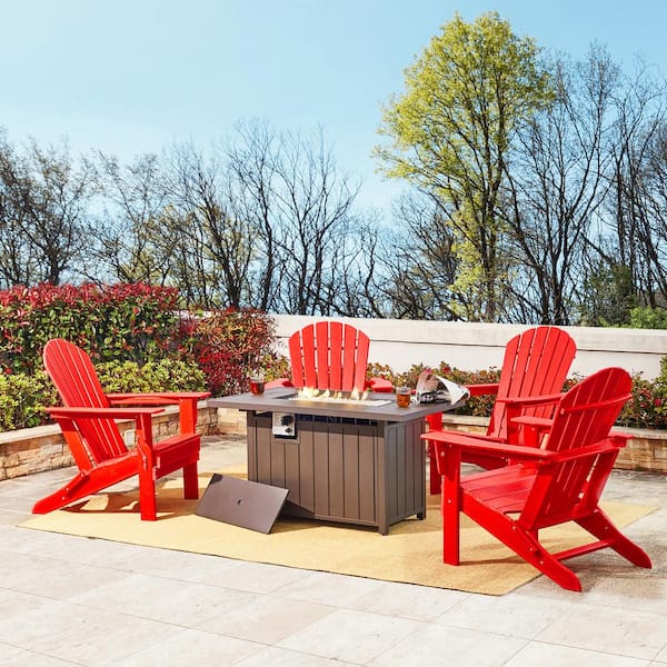 Glitzhome 5-Piece 30000-BTU Tiles Top Aluminum Propane Patio Fire Pit and HDPE Folding Adirondack Chairs Set
