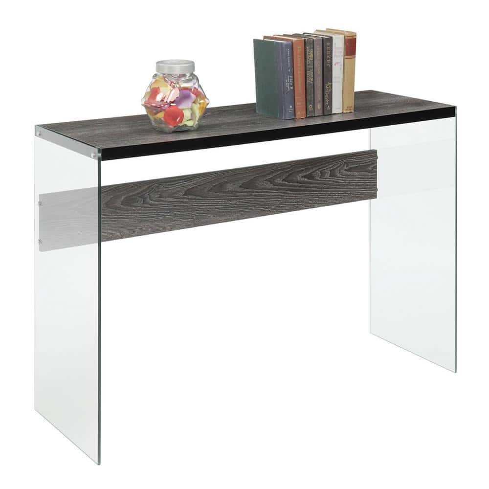Weathered Gray Wood and Glass Console Table with Storage