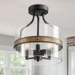 Modern Farmhouse Black Drum 3-Light Candlestick Semi-Flush Mount Ceiling Light with Faux Wood Accent Clear Glass Shade