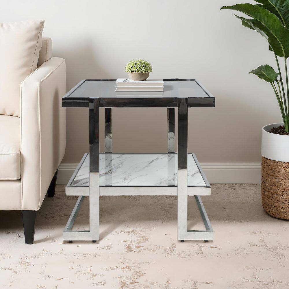 Elegant Silver & Marble Mirrored Side Table with Geometric Base