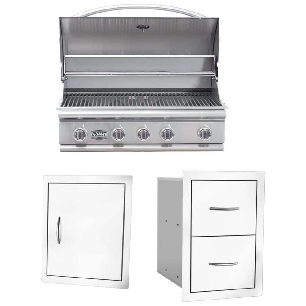 Bullet Series 5-Burner Built-In Liquid Propane Grill 38 in Stainless Steel w/Single Door, Double Drawer &Side Burner