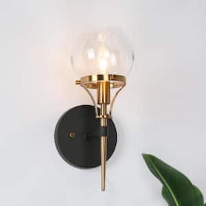 Ayers Modern 1-Light Black and Brass Wall Sconce with Clear Glass Globe Shade