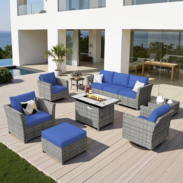 Auris Gray 10-Piece Wicker Patio Conversation Set with 50000 BTU Rectangle Fire Pit, Navy Blue Cushion and Swivel Chair