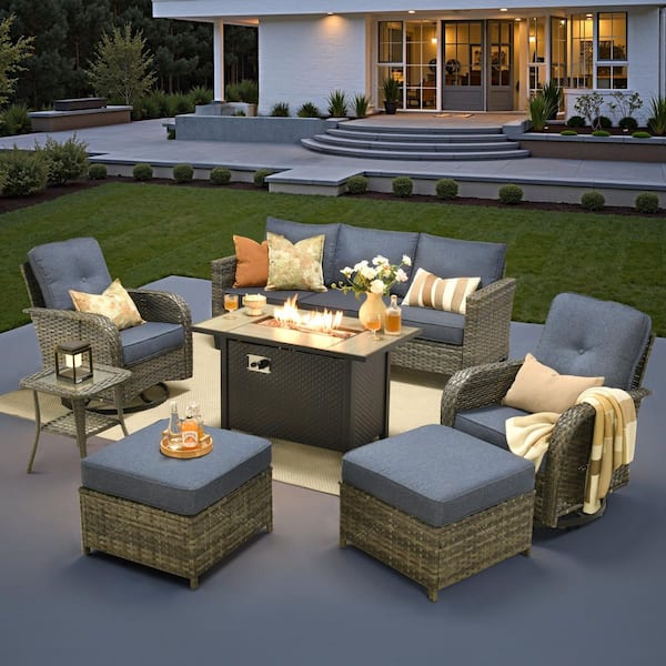 Audrey Gray Wicker 7-Piece Outdoor Patio Patio Conversation Set with Fire Pit and Denim Blue Cushion