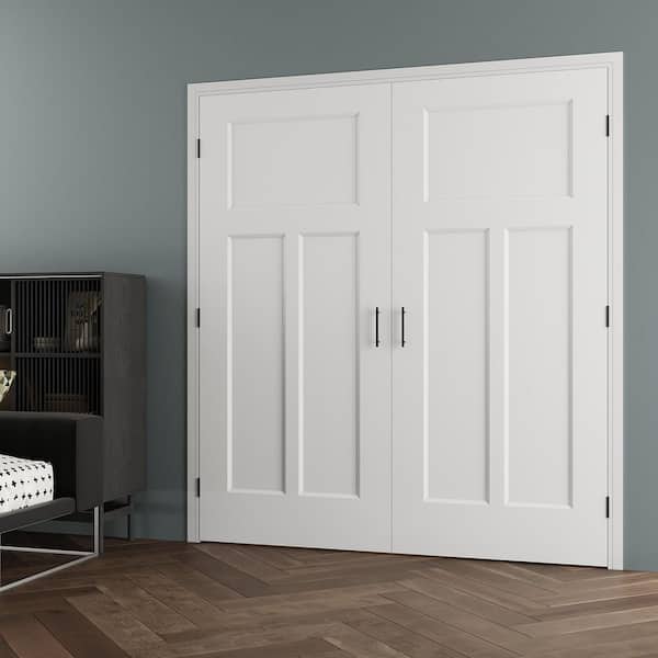 72 in. x 80 in. 3-Panel Universal Painted Solid Core Wood Double Prehung Interior French Door Assemble Jamb&Ball Catch