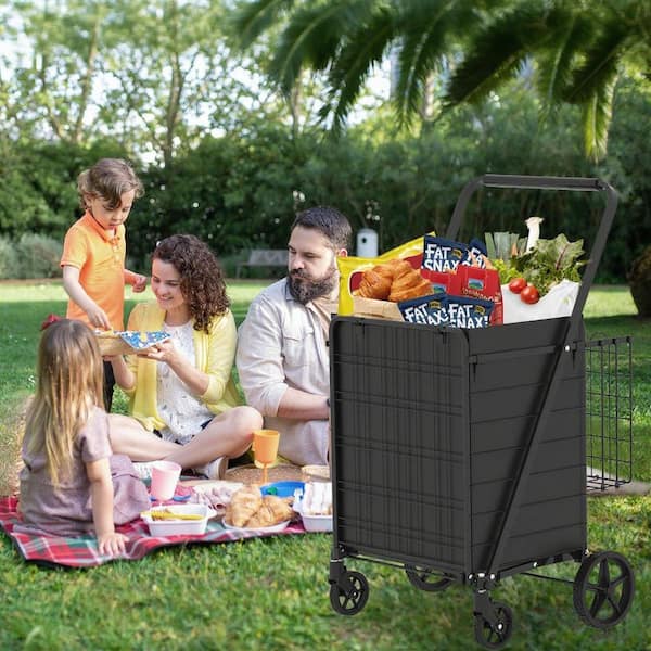 4 cu. ft. Metal Foldable Outdoor Shopping Cart, Powered Wheelbarrow with Double Basket and 360° Rolling Swivel Wheels