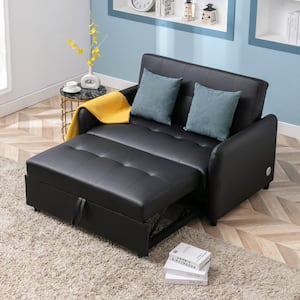 52 in. Width Black PU Leather Twin Size Convertible Sofa Bed