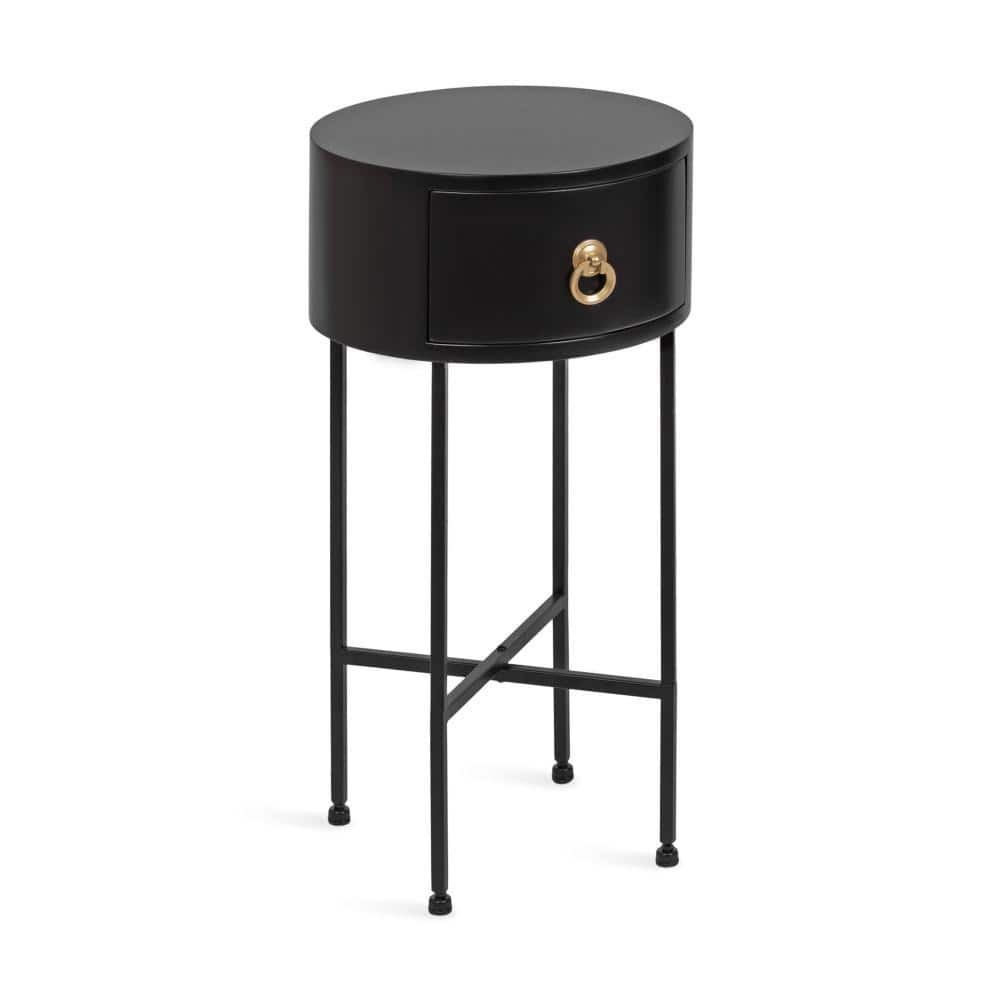 Black and Gold Round Wood Side Table with Storage