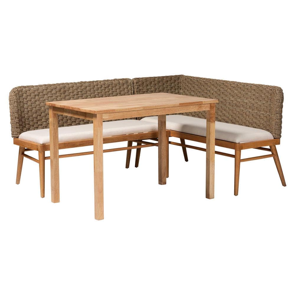 Denver Natural Seagrass and Acacia Wood 3-Piece Dining Nook Set
