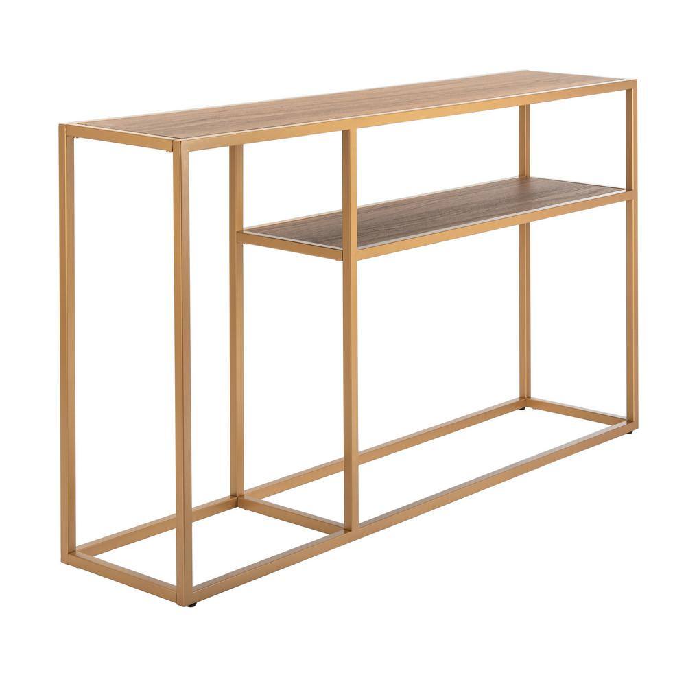 Transitional Walnut & Gold Rectangular Console Table with Storage